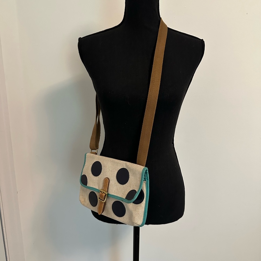 Fossil Tan Canvas and Navy Polka Dot Purse